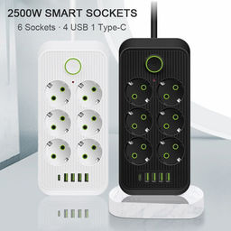 Сетевой фильтр удлинитель 6 розеток, 4 USB, 1 Type-C ,2 метра, выключатель, черный