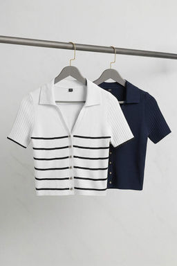 Lacivert-Ekru Ikili Paket Cizgili Basic Bluz TWOSS26BZ00284