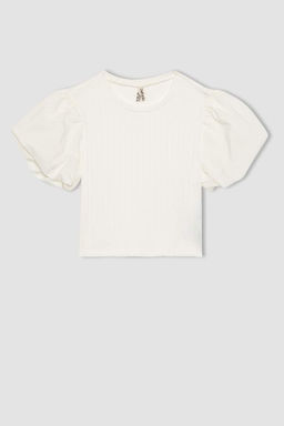 Белая футболка облегающего кроя с круглым вырезом в рубчик и короткими рукавами для девочек - Defacto фото 9