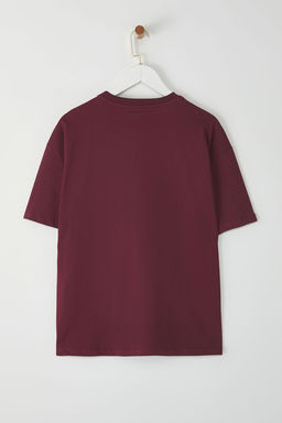 Bordo %100 Kal?n Pamuklu Oversize/Genis Pach Nak?sl? Orme T-Shirt TWOSS25TS00069