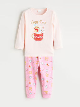 Bisiklet Yaka Bask?l? Uzun Kollu K?z ?ocuk Pijama Tak?m?