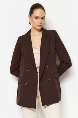 Koyu Kahverengi Astarl? Kruvaze Kapama Dokuma Blazer Ceket TWOAW21CE0145