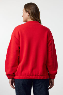 K?rm?z? Fermuarl? Oversize/Genis Kal?p Kal?n Ici Polarl? Orme Sweatshirt TWOAW25SW00122