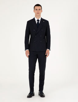 Lacivert Extra Slim Fit _izgili Kruvaze Y_n Kar___ml_ Tak_m Elbise