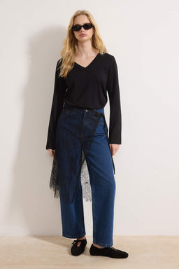TRENDYOLMILLA Siyah %100 Pamuk Regular/Normal Kal?p Basic V Yaka Uzun Kollu Orme T-Shirt TWOAW21TS0099  фото 17