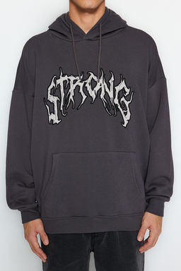 TRENDYOL MAN Antrasit Oversize/Genis Kesim Ici Polar/S?cak Tutan Kapusonlu Sweatshirt TMNAW24SW00029 - Trendyolmilla фото 14