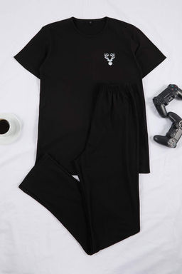 Siyah Regular Fit Bask?l? K?sa Kol Orme Pijama Tak?m? TMNSS25PT00040