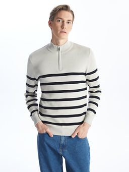 Dik Yaka Uzun Kollu ?izgili Erkek Triko Kazak