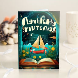 Открытка 4 шоколадки "Лучшему учителю (зелёная с книгой и корабликом)"
