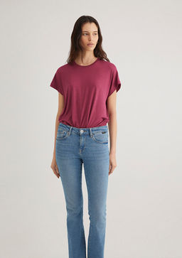 Dusuk Omuz Pembe Basic Tisort - Mavi фото 2