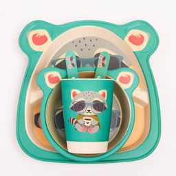 Набор детской бамбуковой посуды Енотик, тарелка, миска, стакан, приборы, 5 предметов - Крошка я фото 9