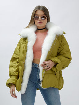 ВИДЕООБЗОР Куртка Бренд Visdeer ПРЕМИУМ КЛАССА зимняя с мехом ЕНОТА, горчичного цвета - Mtforce фото 14