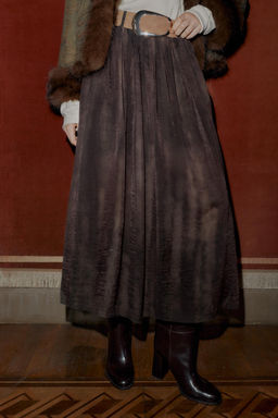 BLURRED PRINT MIDI SKIRT WITH BELT