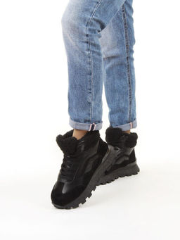 04-WG042-1M BLACK Кроссовки зимние женские (натуральная кожа, натуральная замша, 100% шерсть)