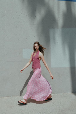 FALDA MIDI CON LINO RAYAS / Rosa / Blanco - Zara фото 6