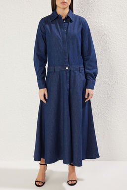 Trendyolmilla Koyu Mavi Etegi Volanl? Maxi Denim Gomlek Elbise TWOSS25EL00351