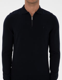 Lacivert Slim Fit Polo Yaka Fermuarl_ Basic Triko Kazak - Pierre cardin фото 6