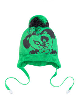 Шапка вязаная детская зеленая  "Собачка "