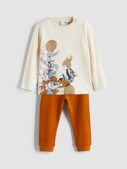 Bisiklet Yaka Looney Tunes Bask?l? Erkek Bebek Pijama Tak?m?