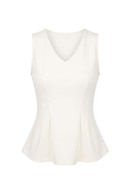 Ekru Duz Peplum V Yaka Kolsuz Interlok Orme Bluz TWOSS26BZ00044