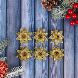 Цена за 3 шт. Ёлочные игрушки 6 шт. Зимнее волшебство. Волшебные цветы пластик, 4 см, золото