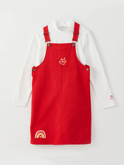 Dik Yaka Bask?l? Uzun Kollu K?z ?ocuk Ti??rt ve Salopet Elbise