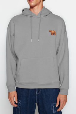 TRENDYOL MAN Gri Oversize/Genis Kesim Kapusonlu Hayvan Nak?sl? Ici Polarl? Sweatshirt TMNAW24SW00097 - Trendyolmilla фото 4