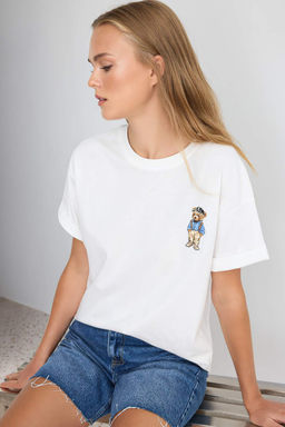 Ekru D_z Regular Bisiklet Yaka D___k Kol K_sa %100 Pamuk _rme T-Shirt TWOSS26TS00366 - Trendyolmilla фото 2