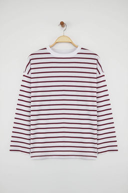 Ekru Cizgili Oversize/Genis Kesim Bisiklet Yaka Ince Orme Sweatshirt TWOAW23SW00326