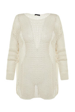 Ekru Ekstra Genis Kal?p Pamuklu Ajurlu/Delikli Triko Kazak TWOAW20FV0184