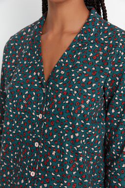 Yesil %100 Pamuklu Leopar Desenli Gomlek Pantolon Orme Pijama Tak?m? THMAW23PT00150