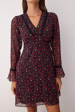 Bordo Cicekli Aksesuar Detayl? K?sa / Mini Astarl? Sifon Dokuma Elbise TWOAW26EL00084