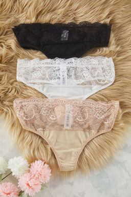 Trendyolmilla Siyah-Beyaz-Ten 3lu Paket Dantel Detayl? Tanga Orme Kulot THMSS25KU00018 фото 7