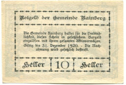 10 геллеров 1920 года Австрия  Райнсберг (нотгельд)