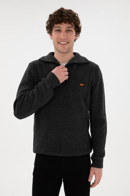 Erkek Regular Fit Yar_m Fermuarl_ Antrasit Kazak