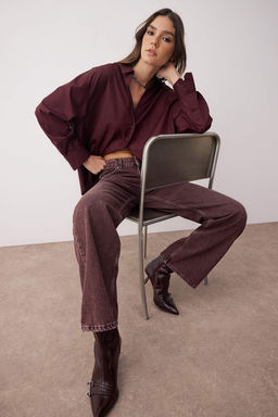 Bordo Yuksek Bel Vintage Y?kama Ozel Renk Denim Wide Leg/Genis Paca Jeans TWOAW26JE00110 - Trendyolmilla фото 2