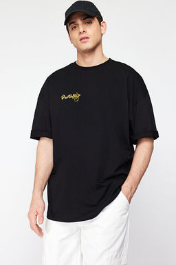 Siyah Oversize/Geni_ Kesim S_rt Limon Bask_l_ %100 Pamuk T-Shirt TMNSS23TS00089 - Trendyolmilla фото 2
