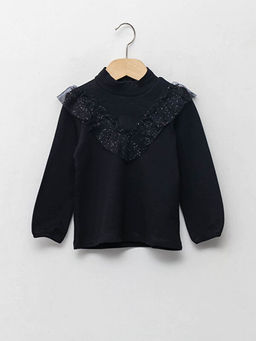 Yar?m Bal?k?? Yaka Uzun Kollu T?l Detayl? K?z Bebek Ti??rt