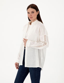 Beyaz Oversize Uzun Kollu %100 Keten G_mlek