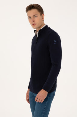 Erkek Slim Fit Yar_m Fermuarl_ Lacivert Kazak