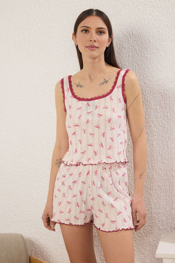 Trendyolmilla Ekru Cicekli Dantelli Pointel Ajurlu/Delikli Sortlu Orme Pijama Tak?m? THMSS25PT00079