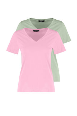 Pembe-Mint %100 Pamuk 2li Paket Basic V Yaka Orme T-Shirt TWOSS23TS00002