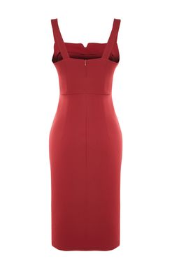 Bordo Vucudu Saran Y?rtmacl? Ask?l? Midi Kalem Etek Dokuma Elbise TWOSS19BB0216
