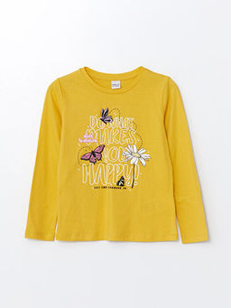 Bisiklet Yaka Bask?l? Uzun Kollu K?z ?ocuk Ti??rt