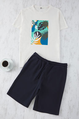 TRENDYOL MAN Ekru - Lacivert Regular Fit Bask?l? Alt Waffle Orme Sortlu Pijama Tak?m? TMNSS25PT00025 - Trendyolmilla фото 5