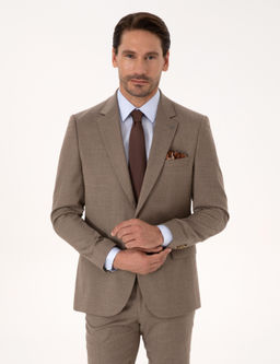Camel Slim Fit Y_n Kar___ml_ Mikro Desenli Klasik Ceket