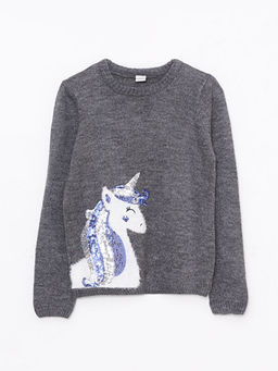 Bisiklet Yaka Desenli Pul ??lemeli Uzun Kollu K?z ?ocuk Triko Kazak