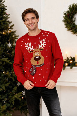 K_rm_z_ Unisex Fit Y_nl_ Bisiklet Yaka Geyik Desenli Christmas Triko Kazak TMNAW23KZ00224 - Trendyolmilla фото 2