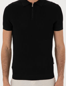 Siyah Slim Fit Fermuarl_ Polo Yaka Triko T-shirt