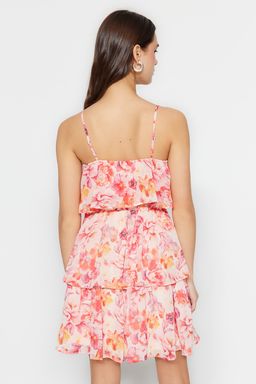 Pembe Cicek Desenli Belden Ac?lan Boho Astarl? Sifon Ucus Ucus Dokuma Mini Elbise TWOSS23EL01445